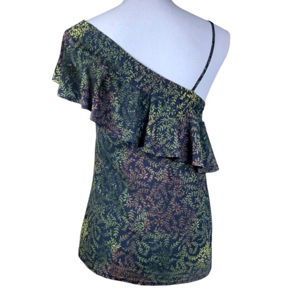 Suzy Shier One Shoulder Top Flutter Sleeve Chic Blouse Black Green Women Medium - Picture 2 of 16
